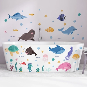 Cartoon ocean animal wall stickers for bathroom decor featuring sea turtles and dolphins