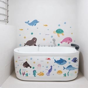 Cartoon ocean world wall stickers with turtles, dolphins, and sharks for bathroom decoration