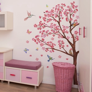 Adesivo murale albero di ciliegio rosa con uccelli e farfalle per decorare pareti