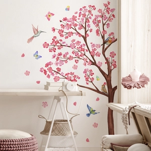 Adesivo murale con fiori di ciliegio rosa uccelli e farfalle per camera da letto