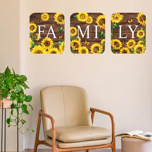 Three-piece Family sunflower wall art set with wood grain background for home decor