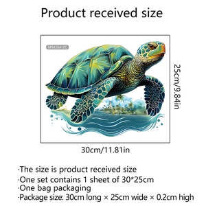 Self-adhesive 30x25cm cartoon sea turtle wall sticker with lighthouse and island motif