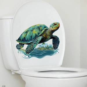 Cartoon sea turtle toilet lid decal with colorful shell and ocean island landscape
