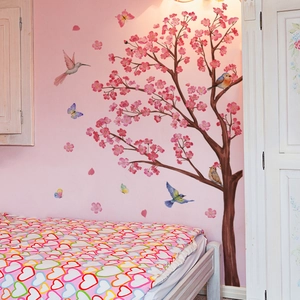 Adesivo murale albero di ciliegio rosa con uccelli e farfalle per camera da letto