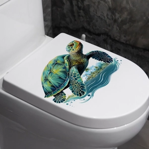 Cartoon sea turtle toilet decal with tropical island and blue wave wall sticker decor
