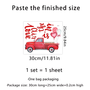 Red vintage truck with heart balloons wall decal featuring Love is in the air text