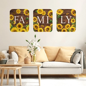 Three-piece sunflower FAMILY wall art set with rustic wood texture for living room decor