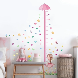Cartoon girl with umbrella height growth chart wall sticker for kids bedroom decor