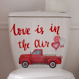 Watercolor red truck with love balloons toilet wall sticker for Valentine decoration