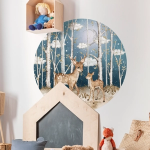 Round watercolor wall decal featuring forest deer, white clouds and birch trees for kids room