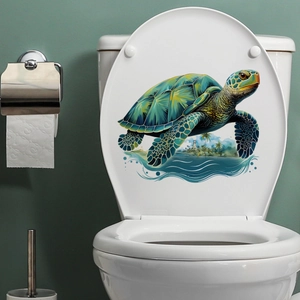 Detail of waterproof sea turtle sticker with tropical island scene on white toilet lid
