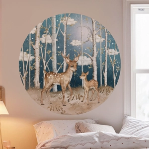 Detail of round wall sticker featuring hand-drawn forest deer and night sky decoration