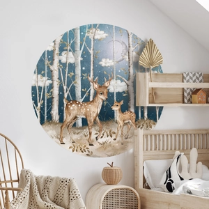 Round watercolor forest wall decal with deer, moon and stars for kids nursery room decor