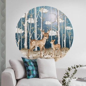 Detailed view of watercolor forest deer wall sticker on a white living room wall