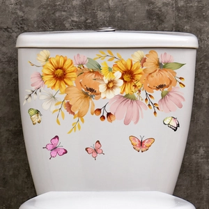 Floral sunflower and butterfly waterproof wall stickers on a white toilet tank surface