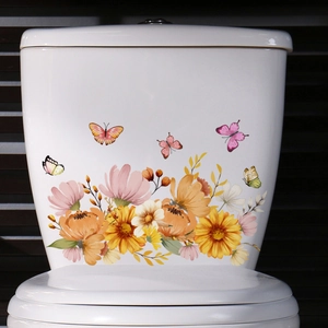 Daisy and butterfly decorative wall stickers on a white toilet with dark wood background
