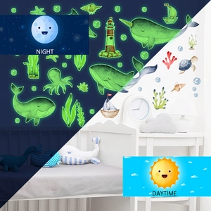 Luminous ocean whale wall stickers with daytime and nighttime glowing effect for kids rooms