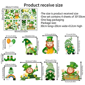 Size chart showing St. Patrick's Day gnome stickers with dimensions and packaging info