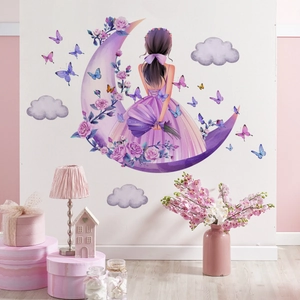 Cartoon girl on moon wall decal with purple roses and butterflies for kids room decor