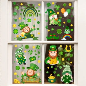 St. Patrick's Day window decals with lucky leprechauns, shamrocks, and gold coins