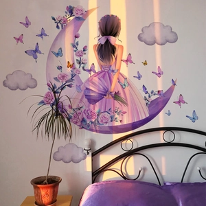 Purple Moon Girl Wall Stickers PVC Dreamy Rose Butterfly Clouds Decor For Bedroom Living Room Nursery Art Mural