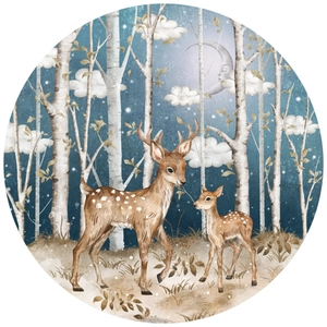 Round Wall Sticker PVC Removable Forest Deer Birch Tree Nordic Watercolor Decal For Kids Nursery Bedroom Cartoon Animal
