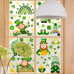 St. Patrick's Day window stickers featuring gnomes, shamrocks and lucky coins on glass