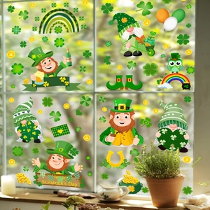 St. Patrick's Day window decals with gnomes, shamrocks and gold coins for glass decoration