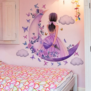Romantic moon girl wall decal with butterflies and flowers for a dreamy girls' bedroom decor