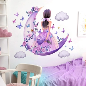 Detail of dream girl wall sticker with crescent moon, pink roses and purple butterflies