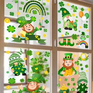 St Patricks Day Window Stickers Gnomes Shamrock Gold Coins Rainbow PVC Green Holiday Glass Decals Home Wall Decor