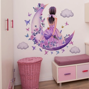 Cartoon girl on moon wall decal with purple flowers and butterflies for nursery decor