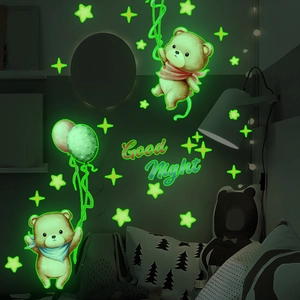 Stickers Muraux Phosphorescents Ours Dessin Animé Ballon Étoiles Autocollants PVC Lumineux Déco Chambre Enfant Style Animal Mignon Amovible