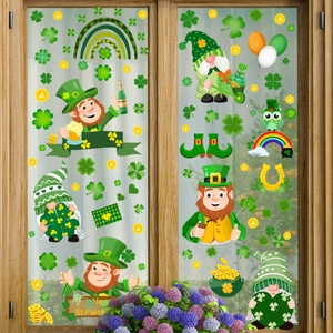St. Patrick's Day window decals featuring green gnomes, shamrocks and gold coin pots