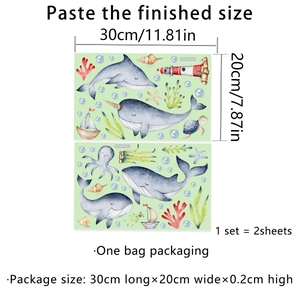 Luminous ocean whale wall stickers with sea life and lighthouse, 2 sheets 30x20cm set