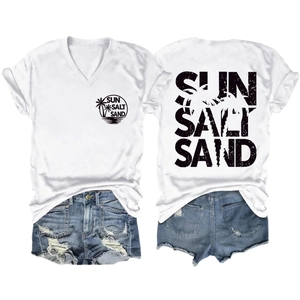 Front and back detail of a white V-neck T-shirt with Sun Salt Sand palm tree print