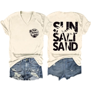 Front and back detail of beige V-neck cotton T-shirt with Sun Salt Sand tropical palm tree print