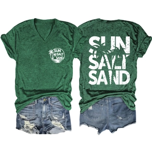 Detail view of V-neck T-shirt with Sun Salt Sand print and distressed denim shorts