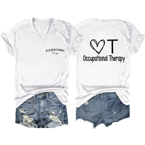 Flat lay of white V-neck Occupational Therapy t-shirt and distressed blue denim shorts