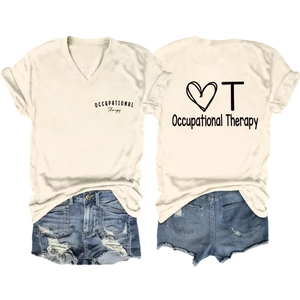 Front and back detail of cream V-neck Occupational Therapy shirt with denim shorts