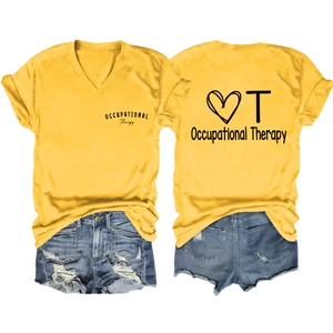 Detailed front and back view of a yellow V-neck Occupational Therapy cotton T-shirt