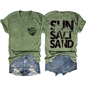 Front and back detail of V-neck army green T-shirt with Sun Salt Sand palm tree print