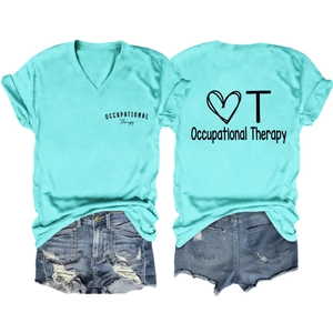 Front and back view of teal occupational therapy V-neck shirt with distressed denim shorts