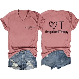 Detail of dusty rose V-neck occupational therapy shirt with back heart graphic print