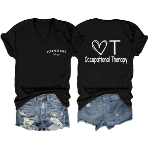 Detail of Occupational Therapy black V-neck t-shirt with heart graphic and denim shorts