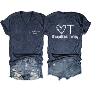 Front and back view of V-neck dark blue Occupational Therapy t-shirt with heart print