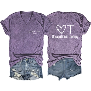 Front and back views of purple V-neck occupational therapy shirt on white background