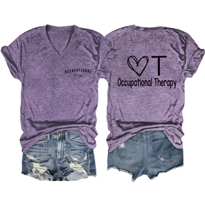Detailed front and back view of purple Occupational Therapy V-neck tee with denim shorts