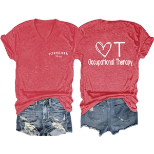 Detailed front and back view of a red V-neck Occupational Therapy shirt with denim shorts