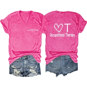 Front and back view of pink Occupational Therapy V-neck t-shirt with heart graphics